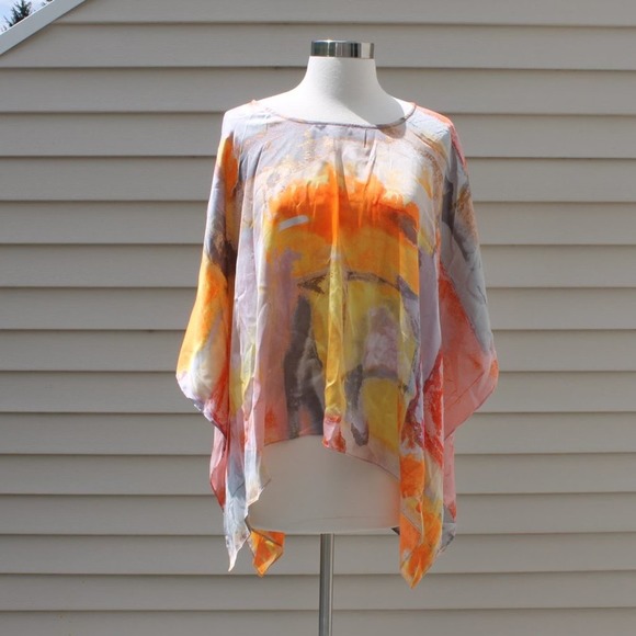Chico's Silk Kimono Sunset Orange Abstract Print Size: S/M - Picture 5 of 8